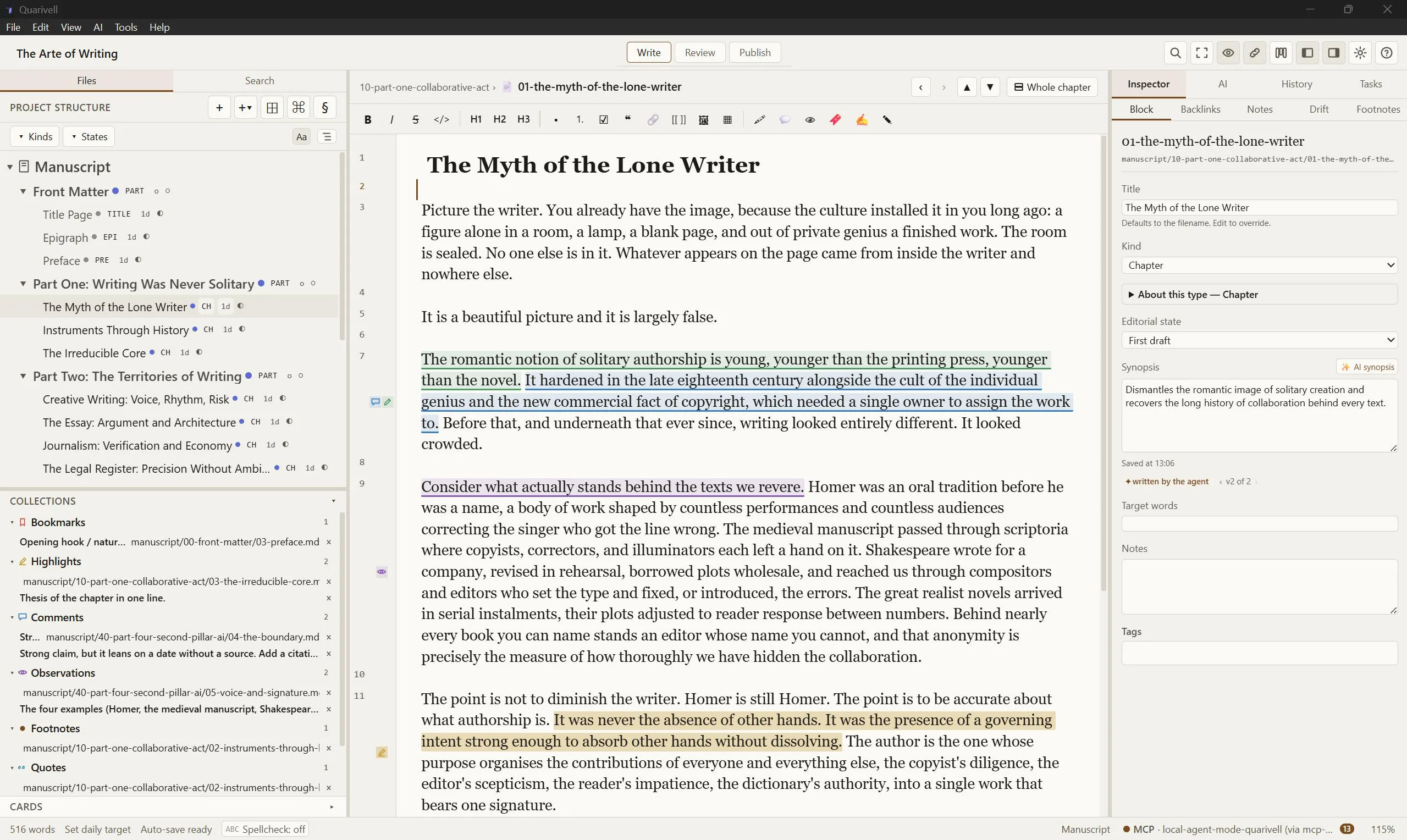 The Quarivell desktop app: project structure on the left, the manuscript in the editor, and the inspector on the right.